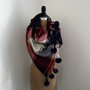LOFT Outlet Plaid Scarf with Faux Fur‎ Poms 79" X 28" Soft Red Navy Cream NWT